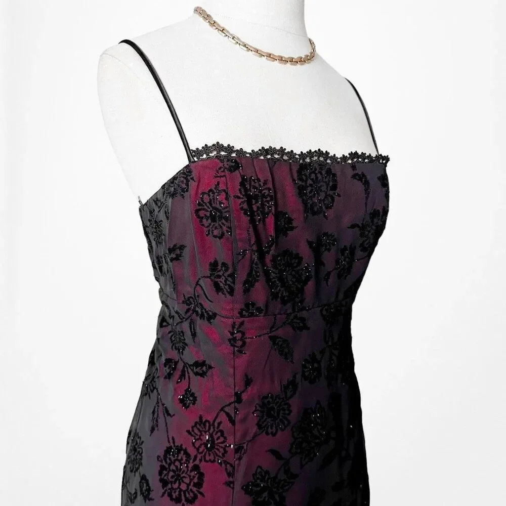 Vintage Y2K Burgundy Red Floral Velvet Side Slit Mesh Bodycon Maxi Prom Dress M